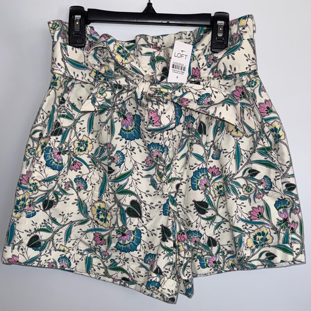 LOFT High Waist Floral Shorts - Cream with Blue, Green, and Pink Accents
